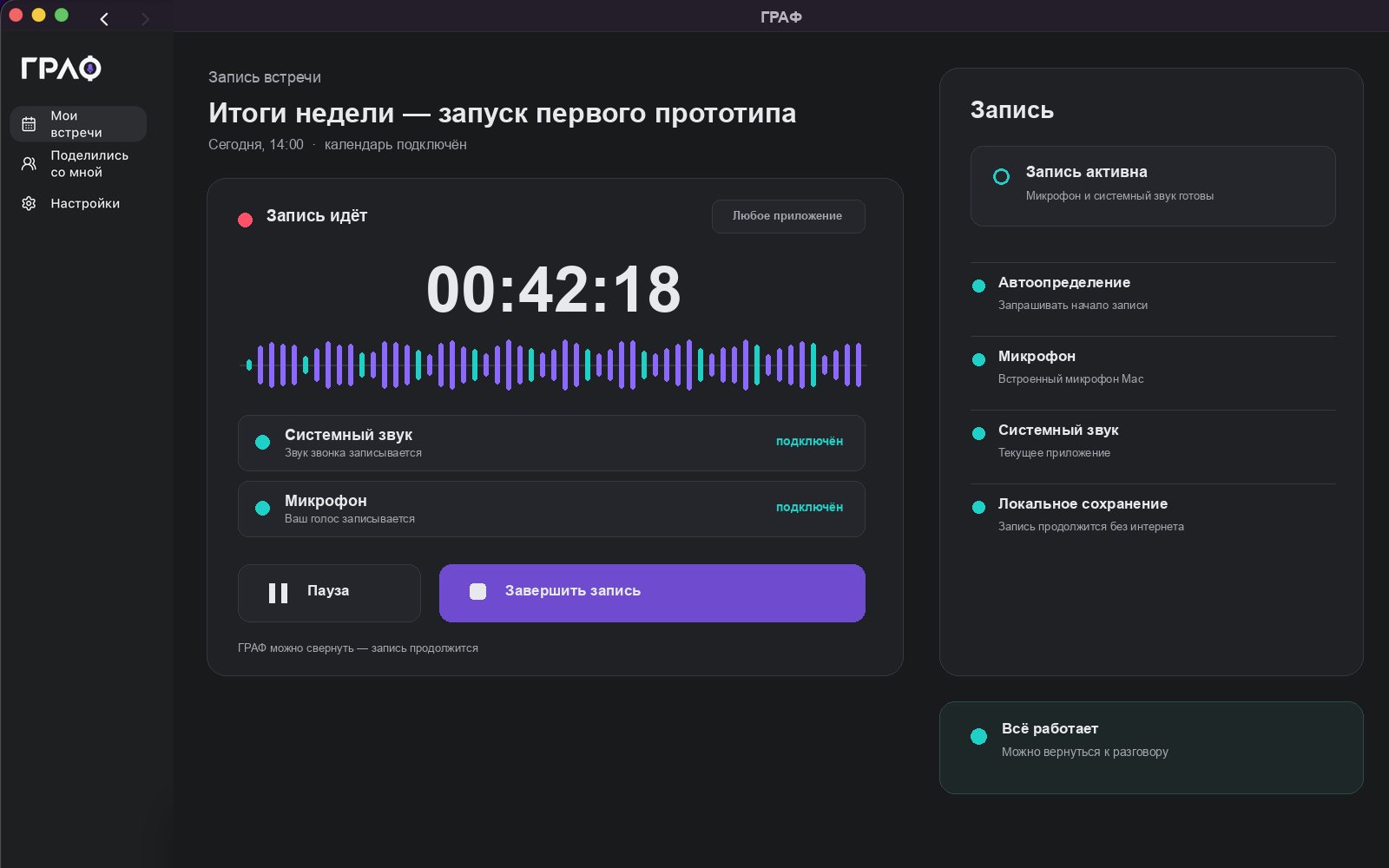 Экран ГРАФ во время записи встречи